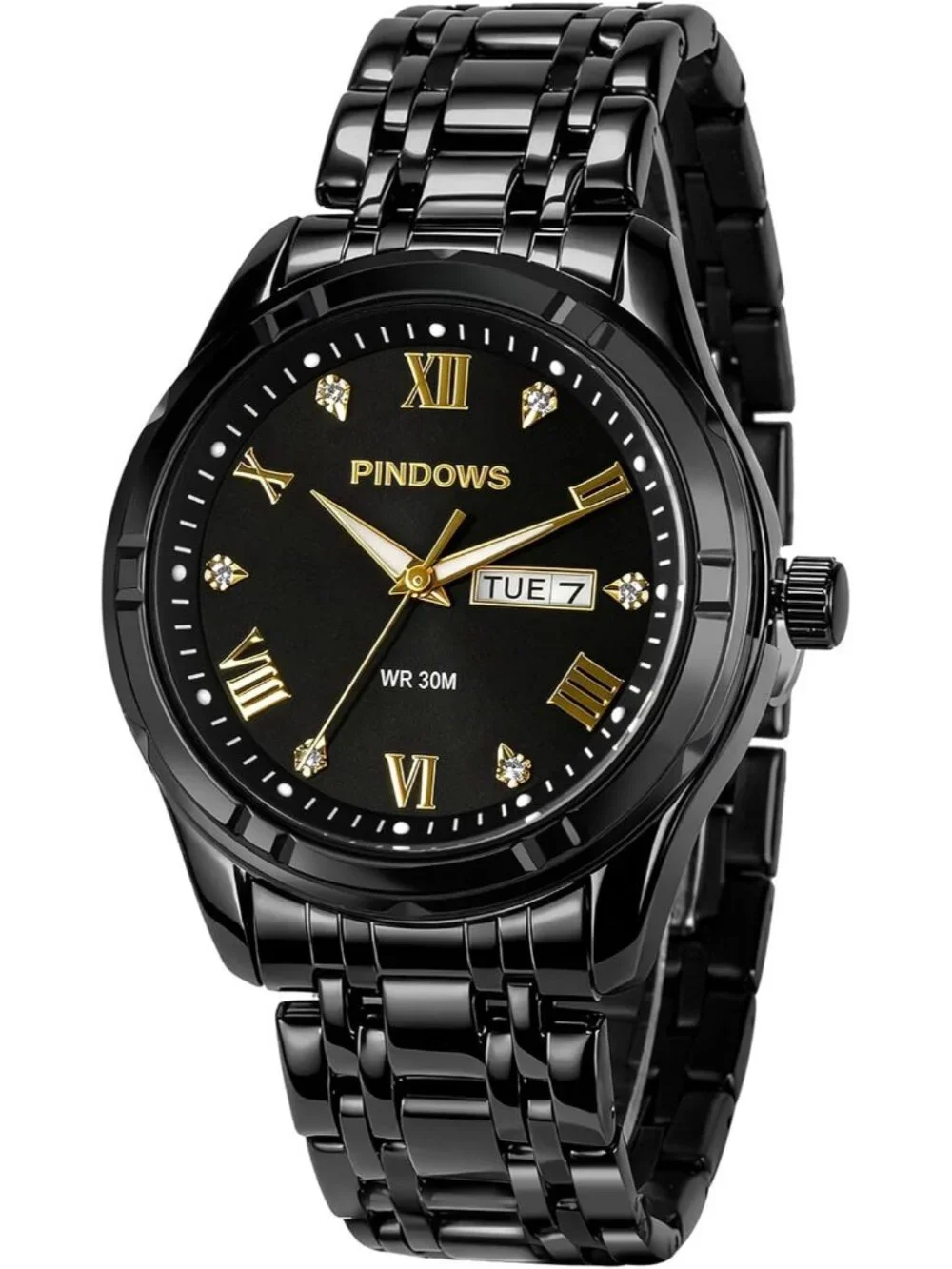 Men's Black Classic Quartz Watch Stainless Steel Diamond Dial Wrist Watches